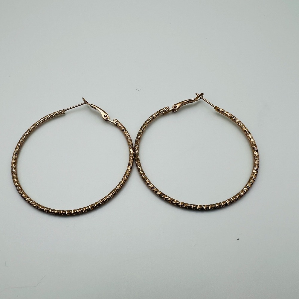 Gold Tone Hoop Pierced Earrings Textured Large Statement Classic Style
